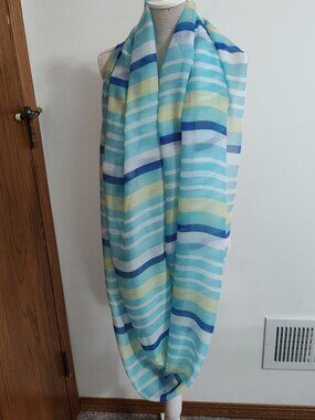 West Loop blue/white/yellow/turquoise striped infinity scarf, EUC